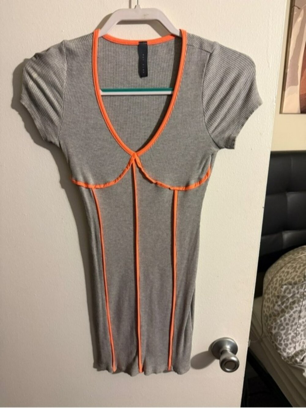 Gray Ribbed Mini Dress with Neon Orange Piping